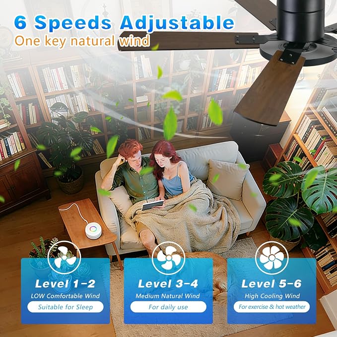 Ceiling Fan with Lights, Smart Flush Mount Ceiling Fan with Remote/APP/Offline Voice Control, 6 Speeds Reversible, 3-Color Dimmable LED,Modern Low Profile Ceiling Fan for Bedroom Living Room 52"