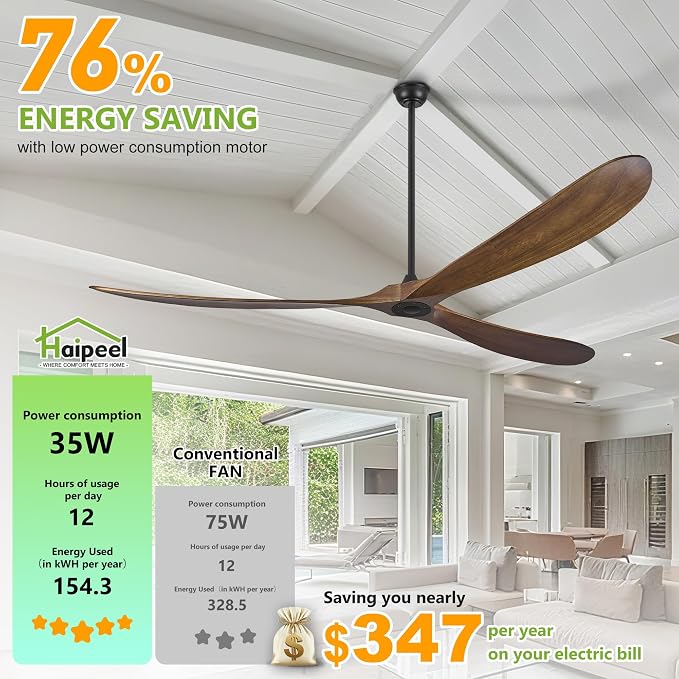 Haipeel Wood Ceiling Fans without Lights, 84 Inch Extra Large Ceiling Fan no Light with Remote, High CFM Indoor Outdoor Ceiling Fan no Light 3 Blade Propeller for Patios Farmhouse Garage, Dark Walnut