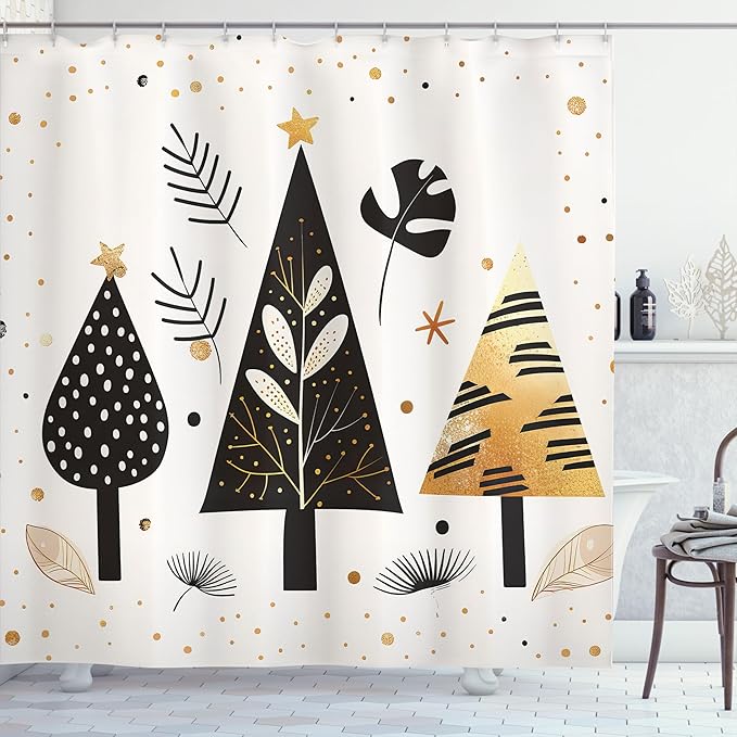 Ambesonne Christmas Shower Curtain, Modern Scandi Xmas Theme with Pine Exotic Monstera and Palm Trees, Cloth Fabric Bathroom Decor Set with Hooks, 69" W x 70" L, Beige Black Charcoal Grey