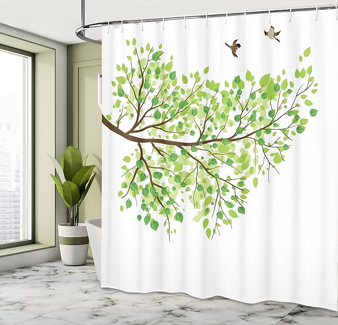 Ambesonne Hummingbird Shower Curtain, Branch with Hummingbirds in Seasonal Vivid Colors Spring Freedom Nature, Cloth Fabric Bathroom Decor Set with Hooks, 69" W x 84" L, Brown White