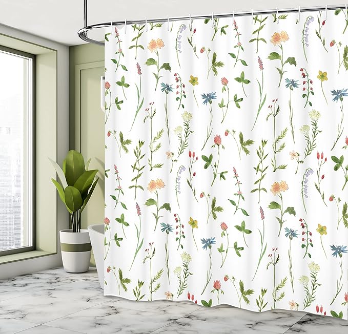 Ambesonne Floral Shower Curtain, Spring Season Themed Watercolors Painting of Herbs Flowers Botanical Garden Artwork, Cloth Fabric Bathroom Decor Set with Hooks, 69" W x 84" L, Ivory
