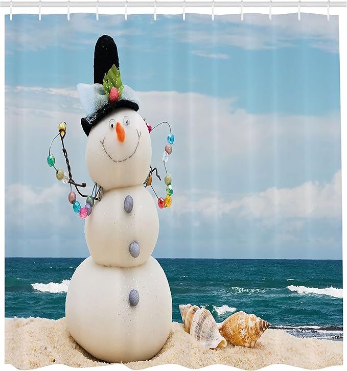 Ambesonne Snowman Shower Curtain, Winter Vacation Holiday Theme Figure Seashells Sitting on Sandy Beach Coastal, Cloth Fabric Bathroom Decor Set with Hooks, 69" W x 75" L, Blue Sand