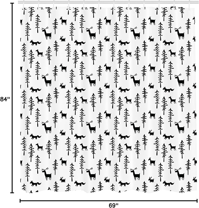 Ambesonne Forest Shower Curtain, Christmas Spirit Inspired Sketchy Reindeer Pine Trees Rabbits Animal Design, Cloth Fabric Bathroom Decor Set with Hooks, 69" W x 84" L, White Black