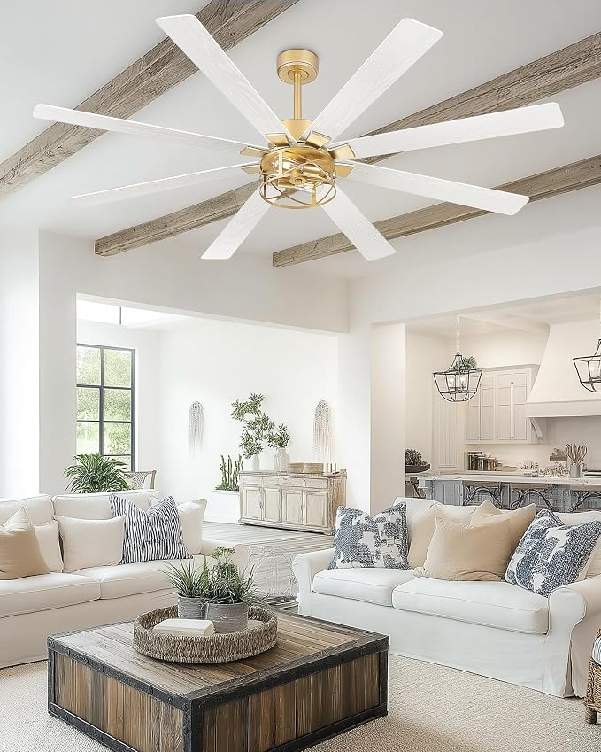 YOUKAIN Ceiling Fans with Lights, 72 Inch Farmhouse Ceiling Fans with Lights and Remote, 8-Reversible Blades, Gold Finish, Outdoor Ceiling Fan for Indoor/Outdoor Use, 72-YJ632-GDW
