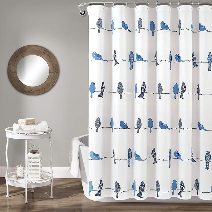 Lush Decor Rowley Birds Shower Curtain, 72” W x 72” L, Navy - Colorful Floral Bird Pattern - Whimsical & Playful Bird Shower Curtain - Farmhouse, Coastal, & Boho Bathroom Decor