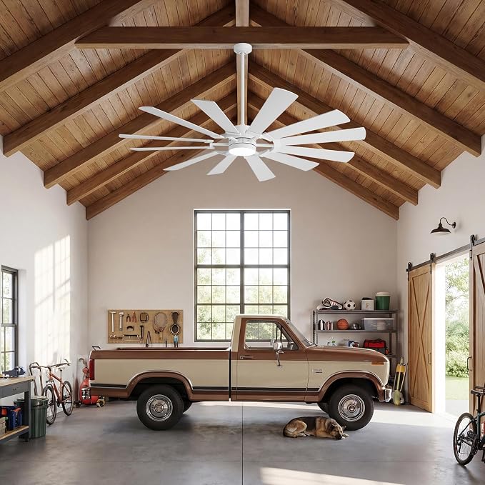 White Outdoor Ceiling Fan with Light and Remote 12-Blade, 62 Inch Modern Ceiling Fan with High CFM, Wind Mill Dual Color Blades, 3 Downrods, DC Motor for Patio Shop Garage Farmhouse Barn