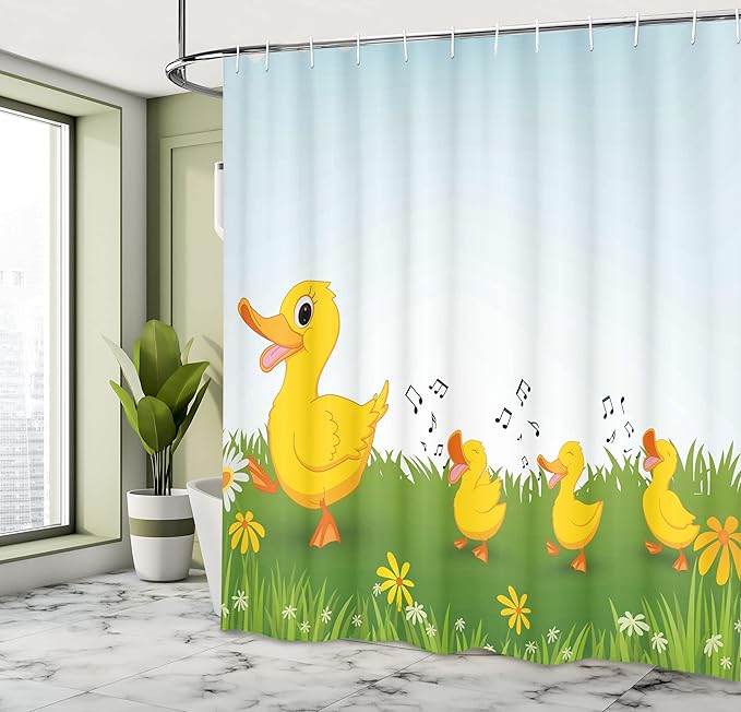 Ambesonne Cartoon Shower Curtain, Mother Duck Walking and Singing on The Meadow Flowers, Cloth Fabric Bathroom Decor Set with Hooks, 69" W x 70" L, Pale Blue Mustard