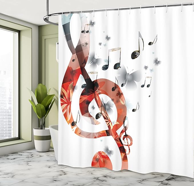 Ambesonne Music Shower Curtain, G-Clef Key Instrument Creative Rhythmic Ornate Motifs Digital Design Print, Cloth Fabric Bathroom Decor Set with Hooks, 69" W x 70" L, Pale Rust