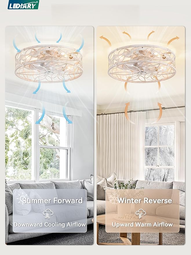 LEDIARY 20 Inch Caged Ceiling Fans with Lights, White Flush Mount Ceiling Fan with Remote&App, Low Profile Bladeless Ceiling Fan Light Fixture for Bedroom, Kitchen, Dining Room-White Gold Color