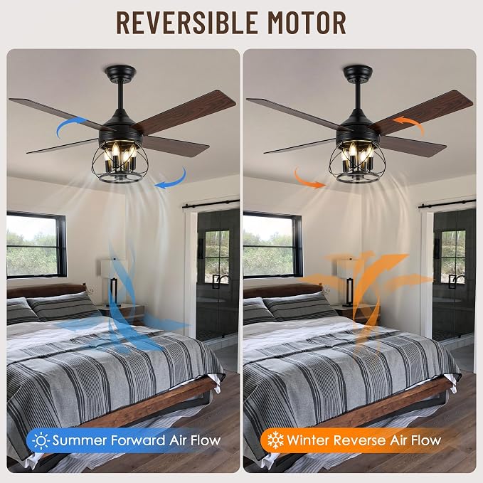 52" Industrial Ceiling Fans with Lights and Remote Control | ReversibleQuiet DC Motor,4 Double Finish Wood Blades,Rustic Ceiling Fan with Light For Porch,Living Rooms,Bedroom