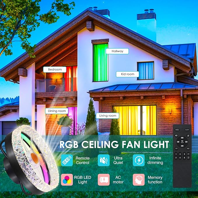 Mpayel RGB Ceiling Fans with Lights and Remote, 13'' Low Profile Ceiling Fans, LED Bladeless Modern Flush Mount Ceiling Fan Light for Bedroom, Living Room, Kitchen