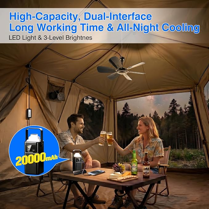 Portable Ceiling Fan, USB Plug-In, 5V DC Powered, 6 Blades, Indoor/Outdoor RV Camping Tent Canopy, Hanging, Quiet Operation (with power bank and solar panel)