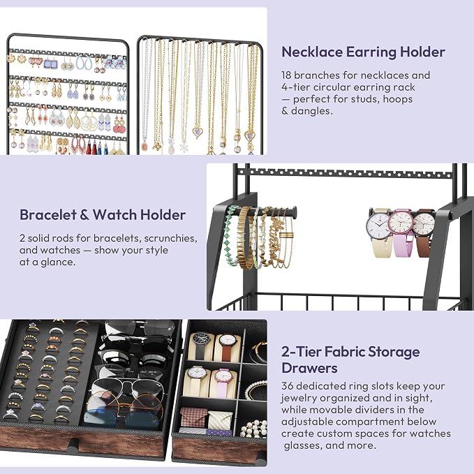 SWTYMIKI Jewelry Organizers and Storage- Multifunctional Stand Jewelry Organizer Cabinet for Necklace, Earring, Ring & Bracelet - Jewelry Box Necklace Holder with 4 Nonwoven Drawers & Wheel Espresso