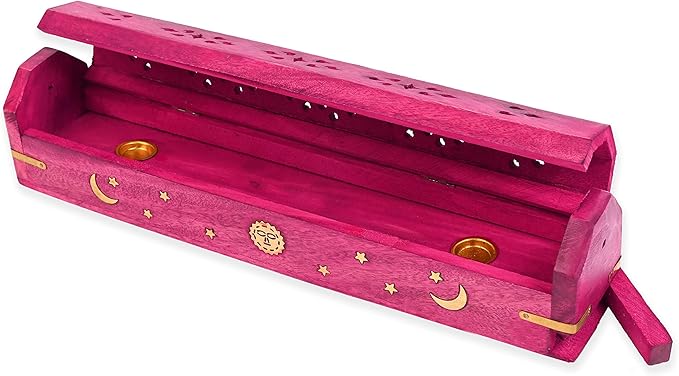 Incense Garden Pack of 2 Incense Stick Holder - Coffin Style - Wood Incense Stick Burner with Sun Moon Star Handmade with Brass Inlays (Pink)