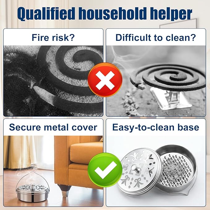 6 Pack Portable Mosquito Coil Holder Bulk with Handle Incense Coil Burner with Cover Fireproof Round Metal Mosquito Sandalwood Incense Box for Outdoor Use Patio Pool Camping Fishing