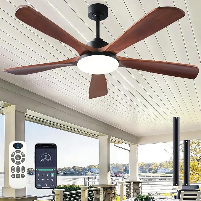 NKPU Ceiling Fans with Lights and Remote Control, 5 Solid Wood Blades, 3CCT Dimmable, Quiet DC Motor, 56 Inch Modern Outdoor Ceiling Fans for Bedroom Farmhouse Patios