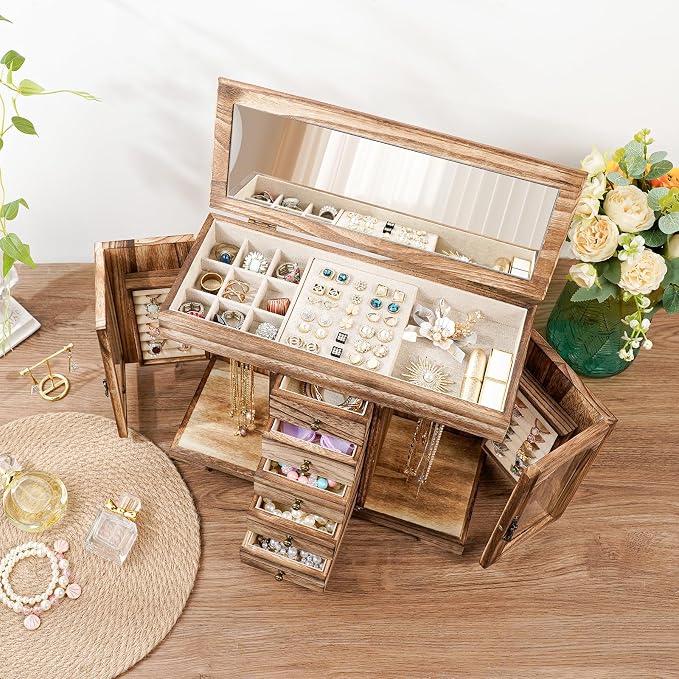 Miratino Jewelry Box for Women Girls, Rustic Wooden Jewelry Organizer Box with Mirror, 5 Layer Jewelry Storage Case Display for Necklaces Earrings Rings Bracelets Valentine's Day Gifts