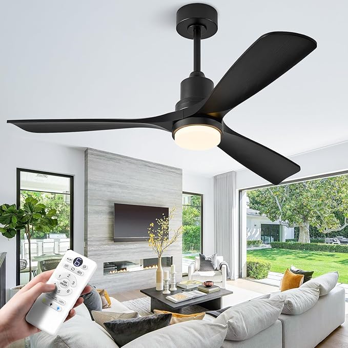 52 inch Smart Ceiling Fan with Lights,Outdoor Ceiling Fan 3 Wood Blades Compatible with Alexa/Gg Voice Control&App&Remote,Quiet DC Motor for Covered Patio Porch Bedroom,Black