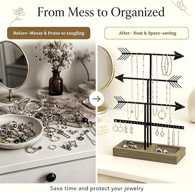 Urban Deco Arrow Jewelry Organizer Stand 4-Tier Black Jewelry Stand Necklace Organizer With Wooden Ring Holder For Jewelry Display Bracelet Holder Stand Earring Organizer For Girls - Black