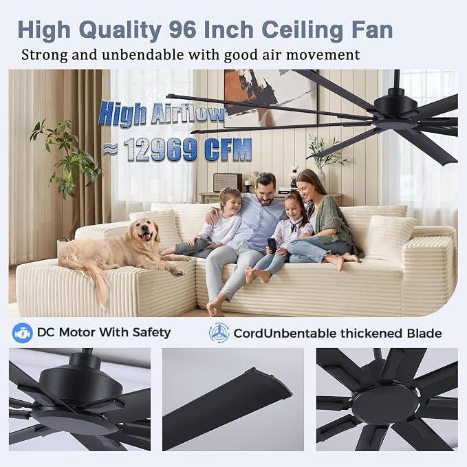 96 Inch Ceiling Fans No Light, Large Industrial Ceiling Fan with 8 Aluminium Blades, Quiet DC Motor, 6 Speeds, Modern Ceiling Fan without Light for Garage/shop/living room,Black