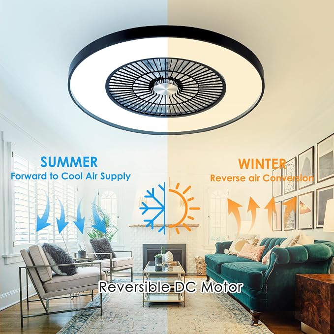 24" Bladeless Ceiling Fans with Lights and Remote/APP/Voice Control, Low Profile Ceiling Fan with RGB Lights, Enclosed Flush Mount Ceiling Fan for Kid's Bedroom/Living Room