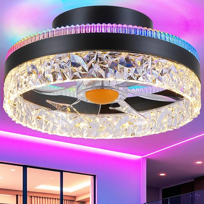Mpayel 13" Low Profile Ceiling Fan with RGB Light - Modern Bladeless Flush Mount Ceiling Fan with Remote, Quiet DC Motor, 6 Speeds, 3CCT Dimmable LED Light for Kids Room, Bedroom & Bunk Beds