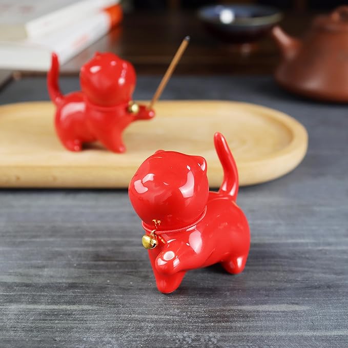 Cute Ceramic Cat Incense Stick Holder, Incense Burner Set, Large Beechwood Ash Catcher Copper Incense Stand Incense Sticks Brush, Meditation Yoga Massage Work Read Home Decor (A, C-Red)