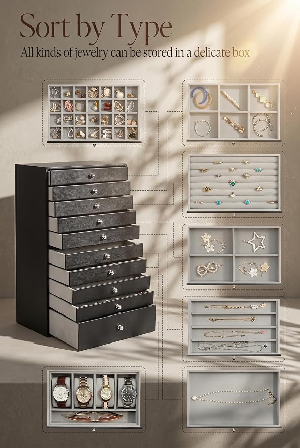 GUKA Large Jewelry Box, Jewelry Case with 10 Drawers for Big and Small Jewelry, Jewelry Storage Organizer for Watch Earrings Necklace Rings Bracelets, Birthday Wedding Gifts, Black