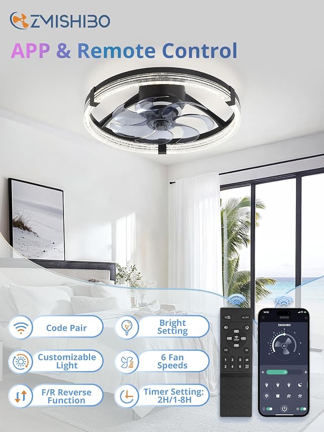 ZMISHIBO RGB Ceiling Fan with Light, 20'' Low Profile Ceiling Fans | Flush Mount Modern Ceiling Fan and Remote Control, 3000K-7000K Dimmable & RGB, Modern Fandelier for Bedroom, Living Room