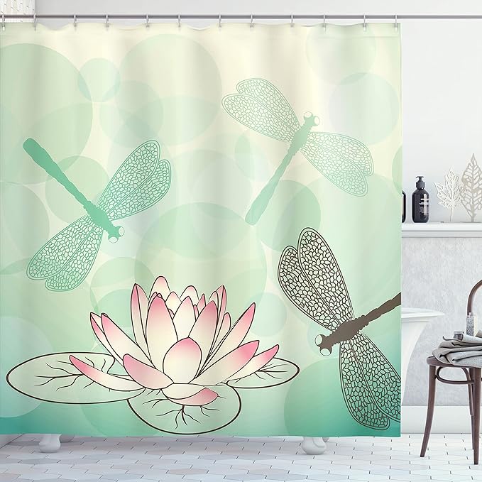 Ambesonne Lotus Flower Shower Curtain, Exotic Blossom Pinkish Petals Water Lily and Dragonflies on Pale Backdrop, Cloth Fabric Bathroom Decor Set with Hooks, 69" W x 84" L, Seafoam Ivory