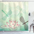 Ambesonne Lotus Flower Shower Curtain, Exotic Blossom Pinkish Petals Water Lily and Dragonflies on Pale Backdrop, Cloth Fabric Bathroom Decor Set with Hooks, 69" W x 70" L, Seafoam Ivory