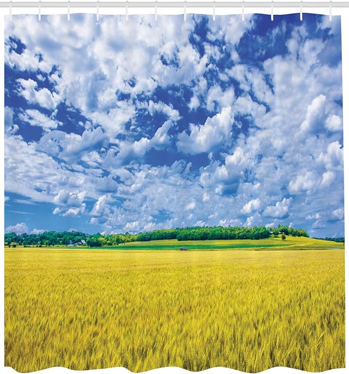 Ambesonne United States Shower Curtain, Wheat Farm in Sunny Day Kansas USA Countryside Summer Getaway, Cloth Fabric Bathroom Decor Set with Hooks, 69" W x 84" L, Apple Green Blue White