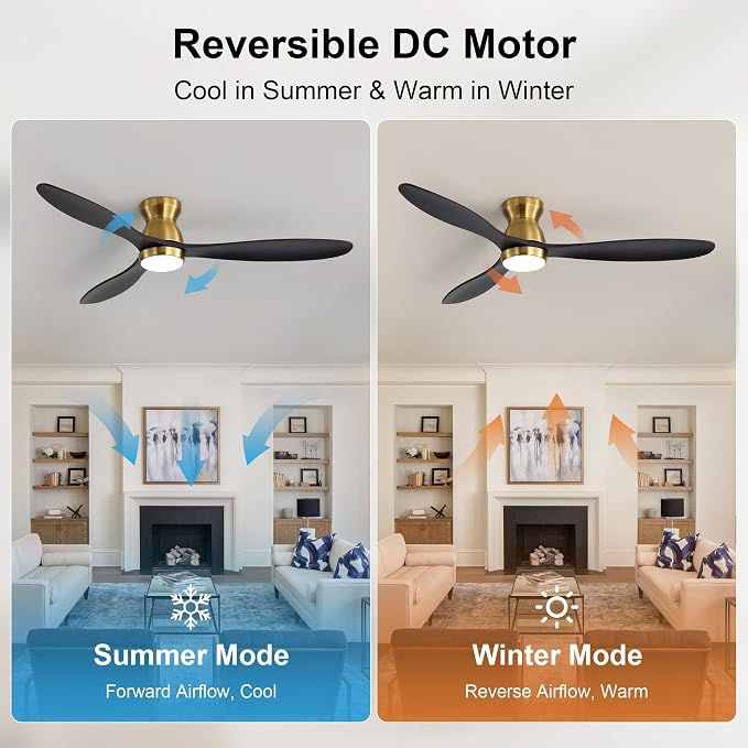 52 Inch Black Ceiling Fan with Light and Remote & APP Control, 3 Wooden Blades, 6 Wind Speeds, Quiet DC Motor, Indoor Low Profile Ceiling Fan for Bedroom Living Room Farmhouse Patio