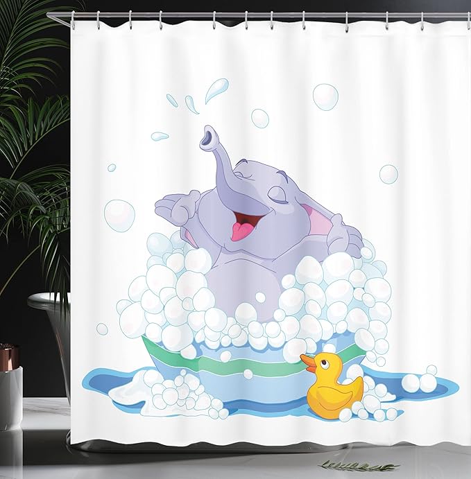 Ambesonne Cartoon Shower Curtain, Takes Bubble Bath in Basin with Duck Water Games Wild Animals Theme Print, Cloth Fabric Bathroom Decor Set with Hooks, 69" W x 75" L, Multicolor