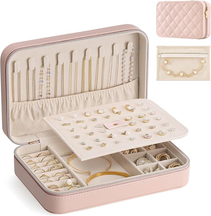 Lolalet Travel Jewelry Case for Women Girls, PU Leather Jewelry Organizer with Clear Storage Bag Small Portable Jewelry Box for Necklace Bracelet Earring Ring Birthday Bridesmaid Gifts -Large/Pink