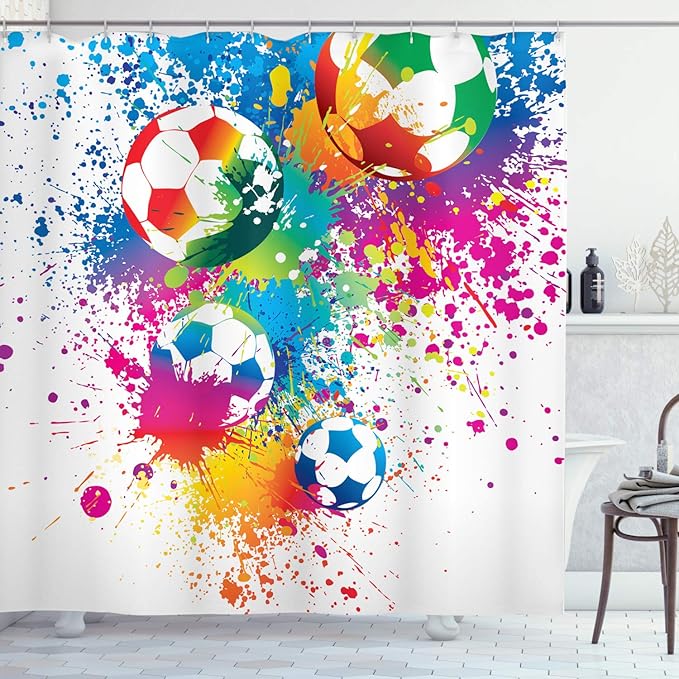 Ambesonne Soccer Shower Curtain, Colored Splashes All Over Soccer Balls Score World Cup Championship Athletic, Cloth Fabric Bathroom Decor Set with Hooks, 69" W x 84" L, Off White Multicolor