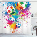 Ambesonne Soccer Shower Curtain, Colored Splashes All Over Soccer Balls Score World Cup Championship Athletic, Cloth Fabric Bathroom Decor Set with Hooks, 69" W x 84" L, Off White Multicolor
