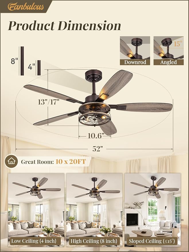 Fanbulous Farmhouse Ceiling Fan with Light and Remote, Industrial Caged Flush Mount Ceiling Fans with 6 Speed Reversible Motor and Dual Finish 5 Blades, for Living room, Bedroom (Oil Bronze, 52Inch)