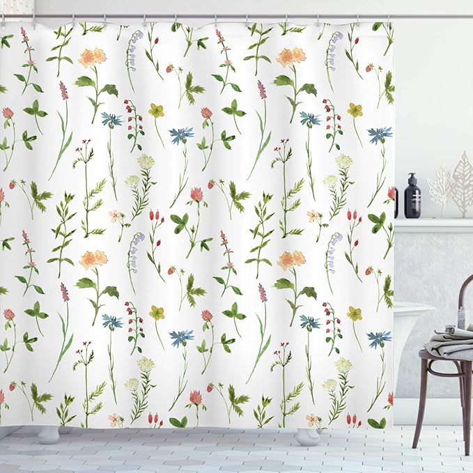 Ambesonne Floral Shower Curtain, Spring Season Themed Watercolors Painting of Herbs Flowers Botanical Garden Artwork, Cloth Fabric Bathroom Decor Set with Hooks, 69" W x 84" L, Ivory