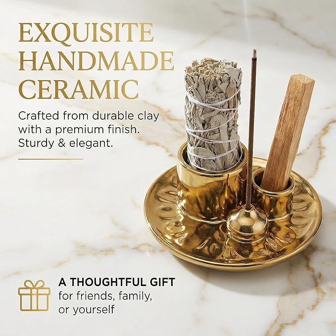 Handmade Ceramic Incense Burner for Palo Santo Incense Sticks, 4 in 1 Multi-Purpose Sage Holder for Burning, Ash Catcher Tray for Meditation Yoga Room (Golden)