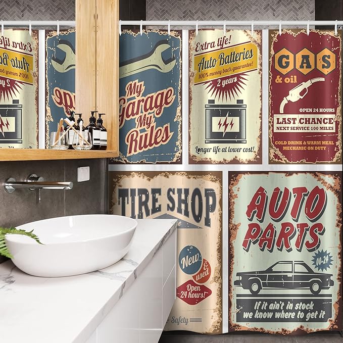 Ambesonne 1950s Stall Shower Curtain, Vintage Car Signs Automobile Advertising Repair Vehicle Garage Classics Servicing, Fabric Bathroom Decor Set with Hooks, 54" W x 78" L, Burgundy