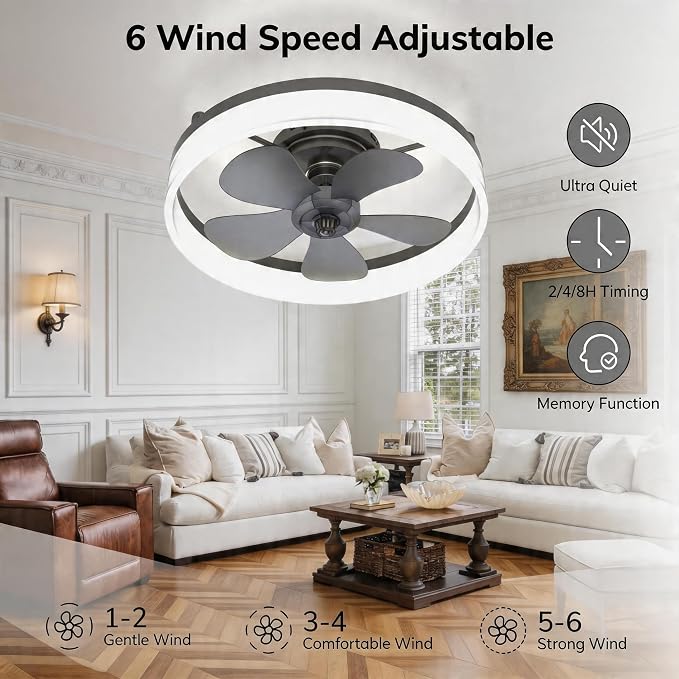 Ceiling Fans with Lights and Remote, 19.7" Dimmable LED, Black | Low Profile Ceiling Fan with Light, 6-Speed Reversible DC Motor, 3000K-6000K Fandelier for Bedroom, Living Room