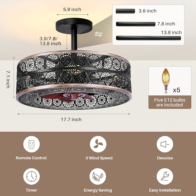REDSTAR Small Caged Ceiling Fans with Lights, Black Industrial Ceiling Fan with Light and Remote, Farmhouse Ceiling Fan Light for Living Room, Bedroom, Kitchen