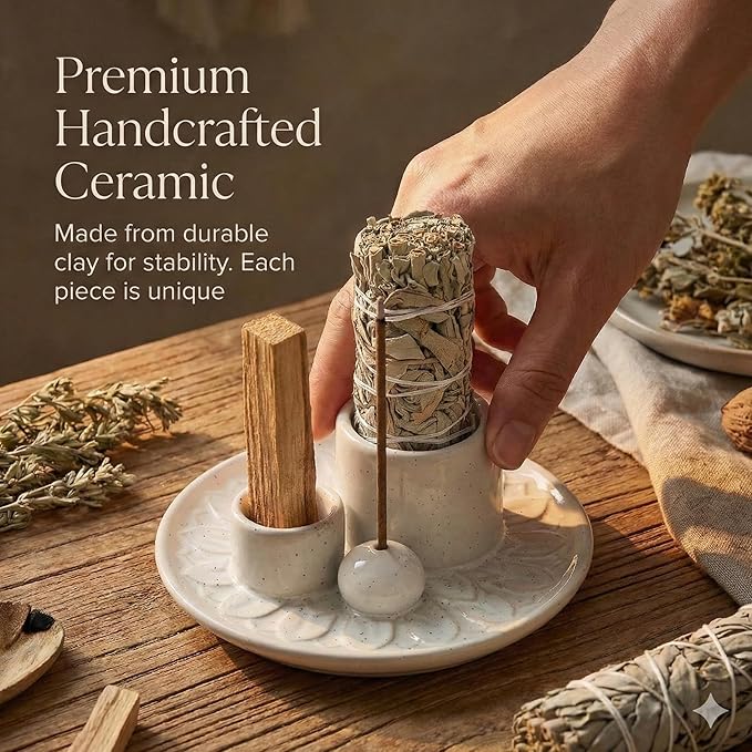Palo Santo Sticks Holder, Multi-Purpose Handmade Ceramic Incense Burner for Palo Santo Incense Sticks, Sage Holder for Burning, Ash Catcher Tray for Meditation Yoga Room (Spotted White)