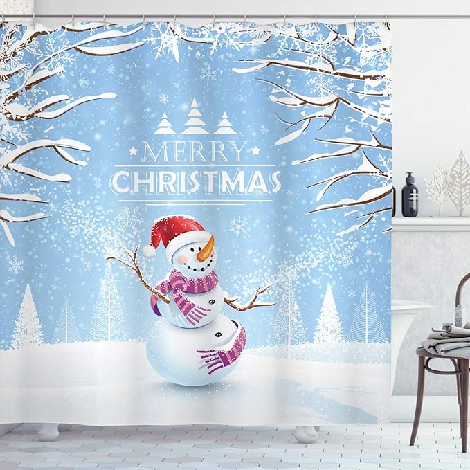 Ambesonne Christmas Shower Curtain, Cloth Fabric Bathroom Decor Set with Hooks, Winter Hat, 69" W x 70" L, White Blue