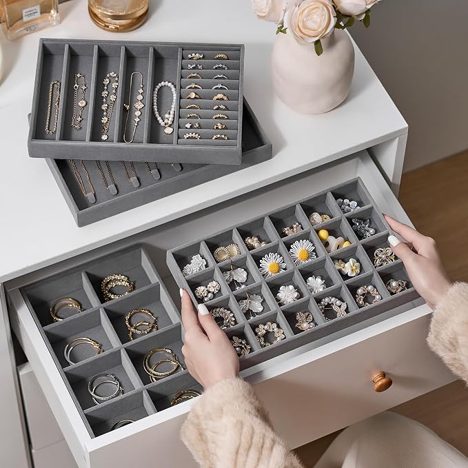 Velvet Jewelry Drawer Organizer Trays – Large Grey Stackable Jewelry Storage Inserts Set, 4-Layer Jewelry Tray Set for Earrings, Rings, Necklaces, Bracelets with Removable Dividers for Dresser, Vanity