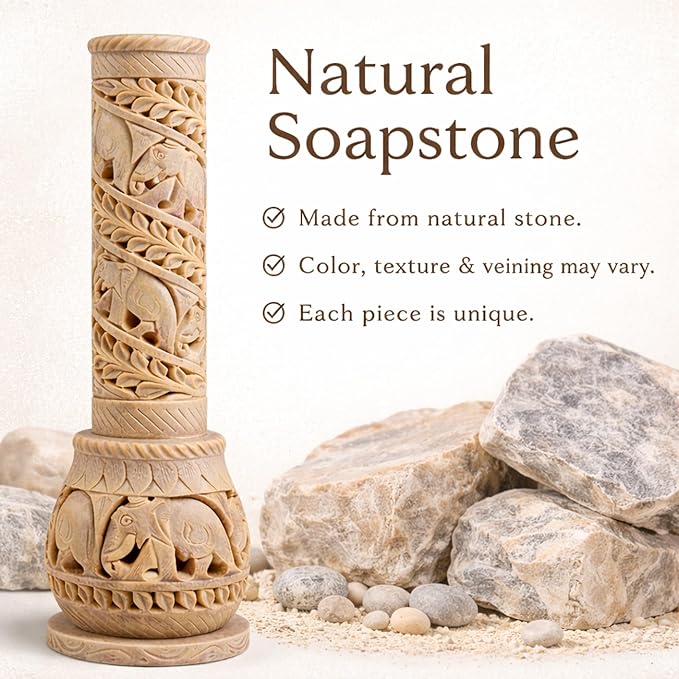 Carry Me Hand Carved Soapstone Incense Stick Holder | Candle Burner | Tea Light Stand. Elephant Jaali Carving Bottle Shape. Decorative Home and Kitchen Decor - (3x3x10.5 Inches)