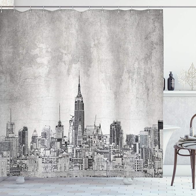 Ambesonne Sketchy Shower Curtain, Cosmopolitan New York City Skyline with The Iconic Skyscrapers and High Buildings Artwork Design, Cloth Fabric Bathroom Set with Hooks, 69" W x 70" L, Grey Charcoal