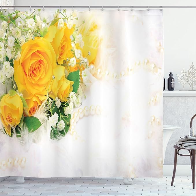 Ambesonne Yellow Shower Curtain, Bouquet of Romantic and Colorful Roses on a White Background Adoration, Cloth Fabric Bathroom Decor Set with Hooks, 69" W x 70" L, Yellow Pearl Fern Green