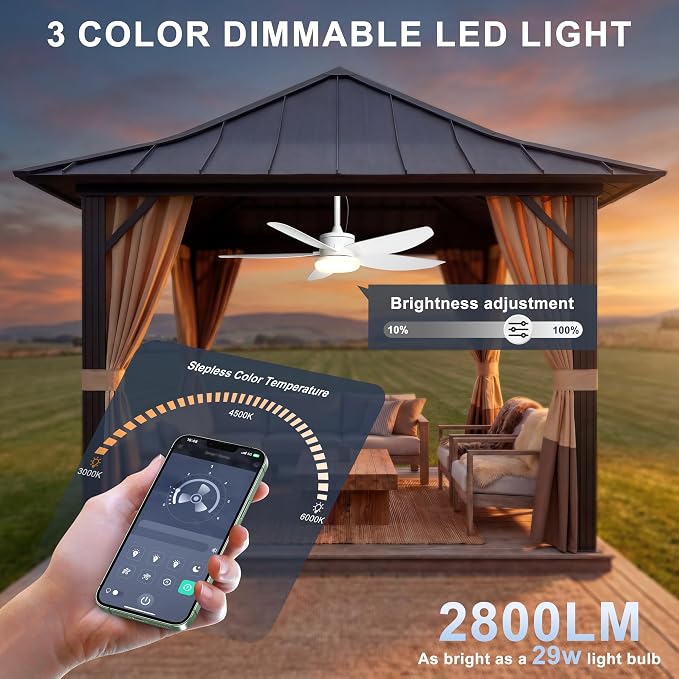 Outdoor Ceiling Fan with Lights, 42 Inch Plug in Gazebo Fans with Remote APP Control, Quiet DC Motor, Dimmable 3CCT, Waterproof Hanging Fans for Patios, Porch, White